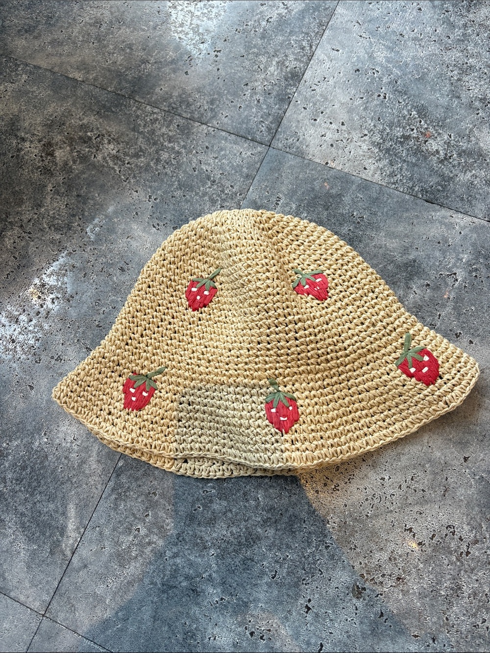 Urban Outfitters Beige Crochet Bucket Hat with Red Strawberry Embroidery